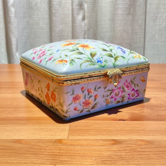 Antique Limoges Hand Painted Porcelain Square Box Hinged Brass Clasp Ornate 6x6